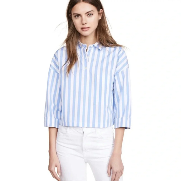 Kule the Keaton stripe  3/4 sleeve cropped shirt in white and sky - Picture 2 of 7